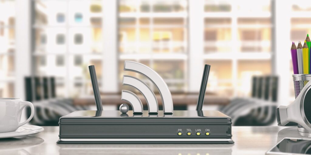 Wifi router in an office background. 3d illustration